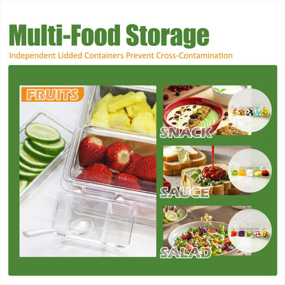 IVYHOME Chilled Condiment Server, Taco Bar Serving Set, Versatile Ice Containers, with 5 Lidded Containers and Detachable Ice Storage Layer, 2 Hanging Cups for Storing Tong and Forks