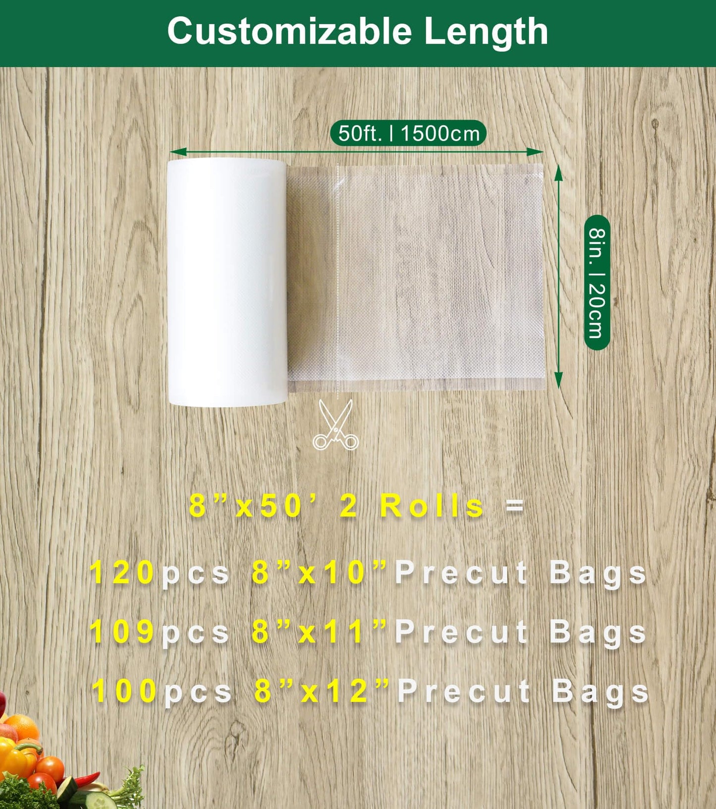 UTILIMATES Vacuum Sealer Bags for Food, BPA-free Heavy Duty Vacuum Sealer Bags Rolls 8 Inch 50 Feet 2-pack, Ideal for Custom Fit Food Saver, Seal a Meal, or Sous Vide