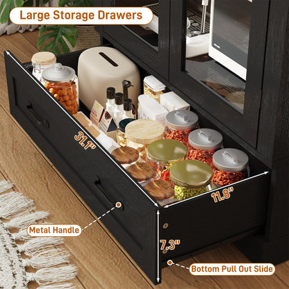 75" Tall Arched Kitchen Pantry Cabinet w Load-Bearing Steel Pipe,Modern Farmhouse Kitchens Storage Cabinet with Drawer and Glass Doors,Tall Arched Bookcase,Pantry Organizer(Woodgrain Black)