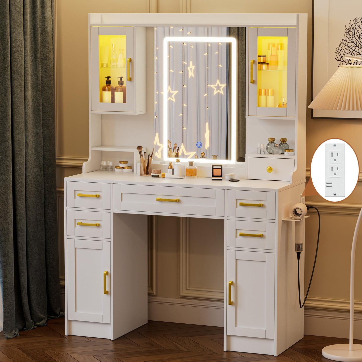 YBXGO Vanity Desk with Mirror and Light, Makeup Vanity Table with Drawer and Storage Dresser, 3 Lighting Modes Adjustable Brightness, Bedroom Dressing Table