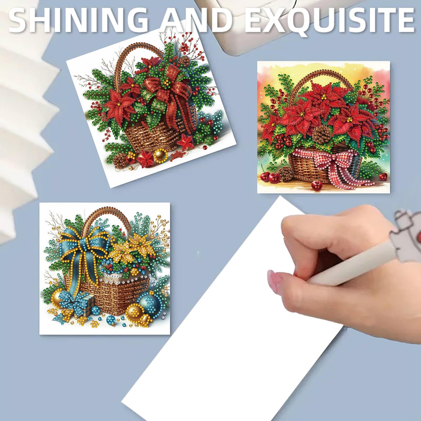C'eitura 12 Pack Poinsettia Diamond Art Greeting Cards with Envelopes - 5D DIY Diamond Painting Card Kit for Christmas, Birthday, Mother's Day - Handmade All Occasion Stationery Gifts for Adults Beginner