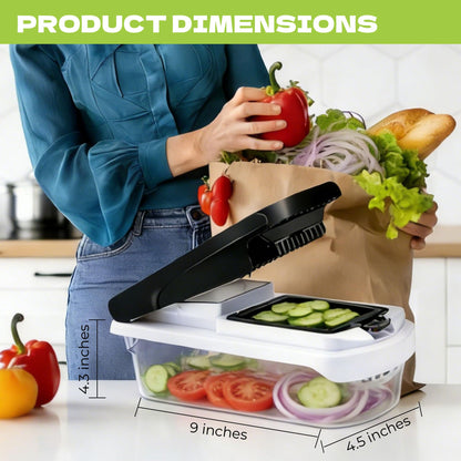 KISIQI Vegetable Chopper With Container 4.5" x 9", 17-in-1 Food Chopper with Onion Slicer & Potato Slicer, Built-in Storage Box for Kitchen Gadgets, Includes Safety Gloves & Peeler for Home Essentials