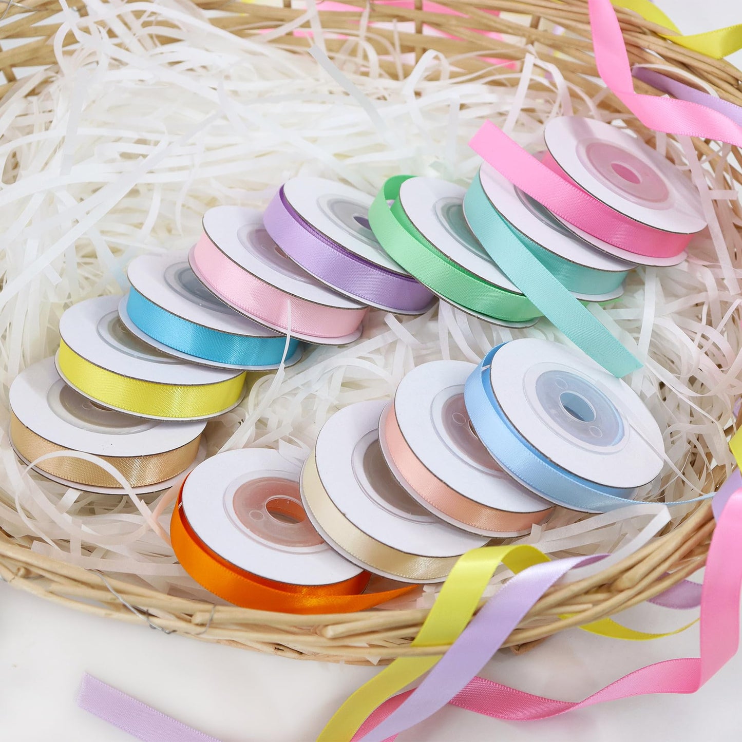 YERELO 12 Rolls Pastel Rainbow Ribbon 3/8" X 60 Yards Thin Double Face Satin Ribbon Assortment for Crafts, Wreath, Gift Wrapping, Birthday Baby Shower Party Decoration and DIY Handmade Hair Bows