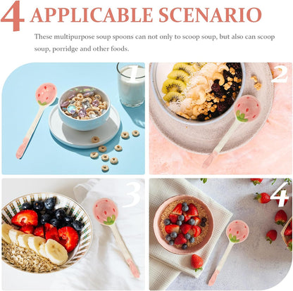 Housoutil 2PCS Strawberry Spoons, Cute Ceramic Soup Spoons, Long Handle for Breakfast, Cereal, Rice