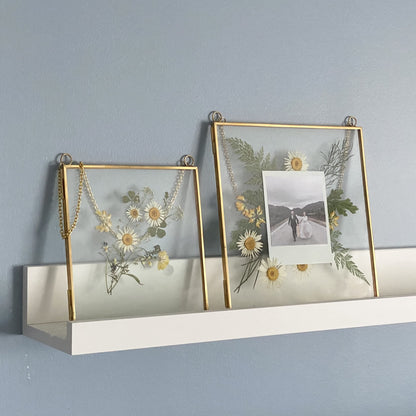 Beedecor Double Glass Frame for Pressed Flowers, Leaf and Artwork - Set of 2 Hanging Picture Frames, Tempered Glass Floating Pressed Flower Frames, Large Rectangular Wall Decor Photo Display, Clear Metal Glass Frames with Chain (8x10, Gold)