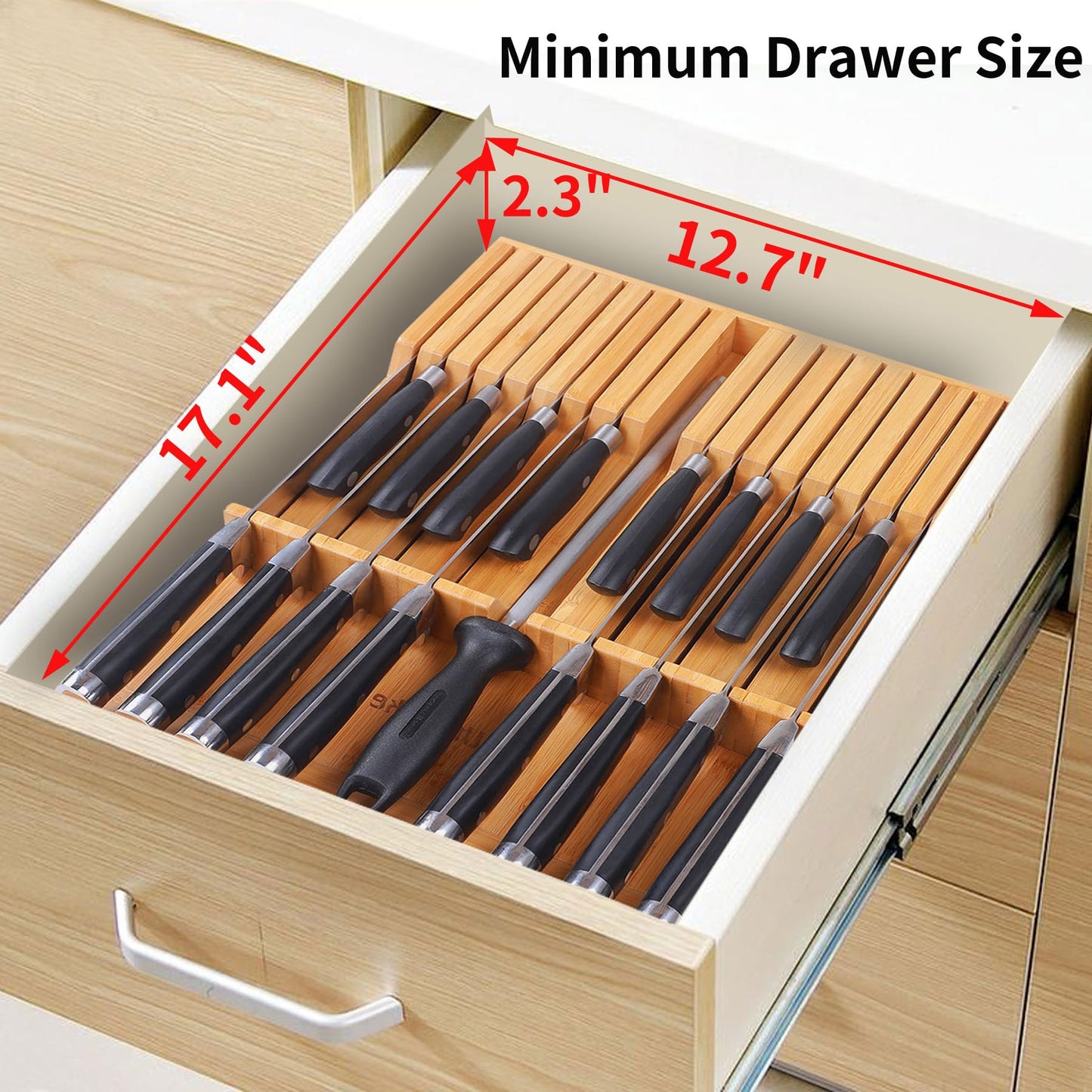 Utoplike In-drawer Knife Block Bamboo Kitchen Knife Drawer Organizer Large, handle Steak knife Holder without Knives, Fit for 16 Knife and 1 Sharpening Steel (Knives & Sharpening Not Included)