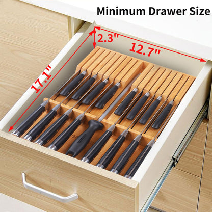 Utoplike In-drawer Knife Block Bamboo Kitchen Knife Drawer Organizer Large, handle Steak knife Holder without Knives, Fit for 16 Knife and 1 Sharpening Steel (Knives & Sharpening Not Included)