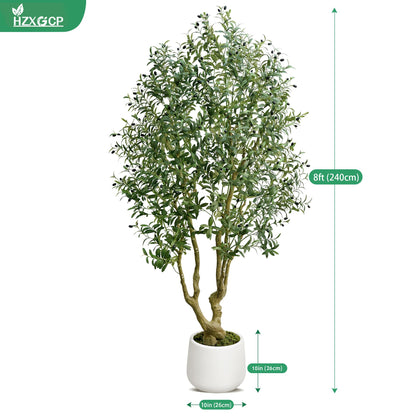 HZXGCP Olive Tree 6ft, Artificial Olive Tree with White Pot, Fake Tree with 1296 Dense Leaves & 72 High-Simulated Olive Fruits - Easy Assembly, Low Maintenance (8FT with Pot)