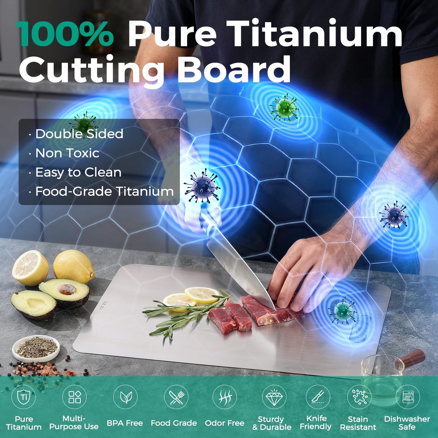 Katuchef Titanium Cutting Board - Upgraded 100% Pure Titanium Cutting Boards for Kitchen Non Toxic, Double Sided Food Grade Hygiene Non Moldy Dishwasher Safe Meat Fruit Metal Board (2PC S+L)