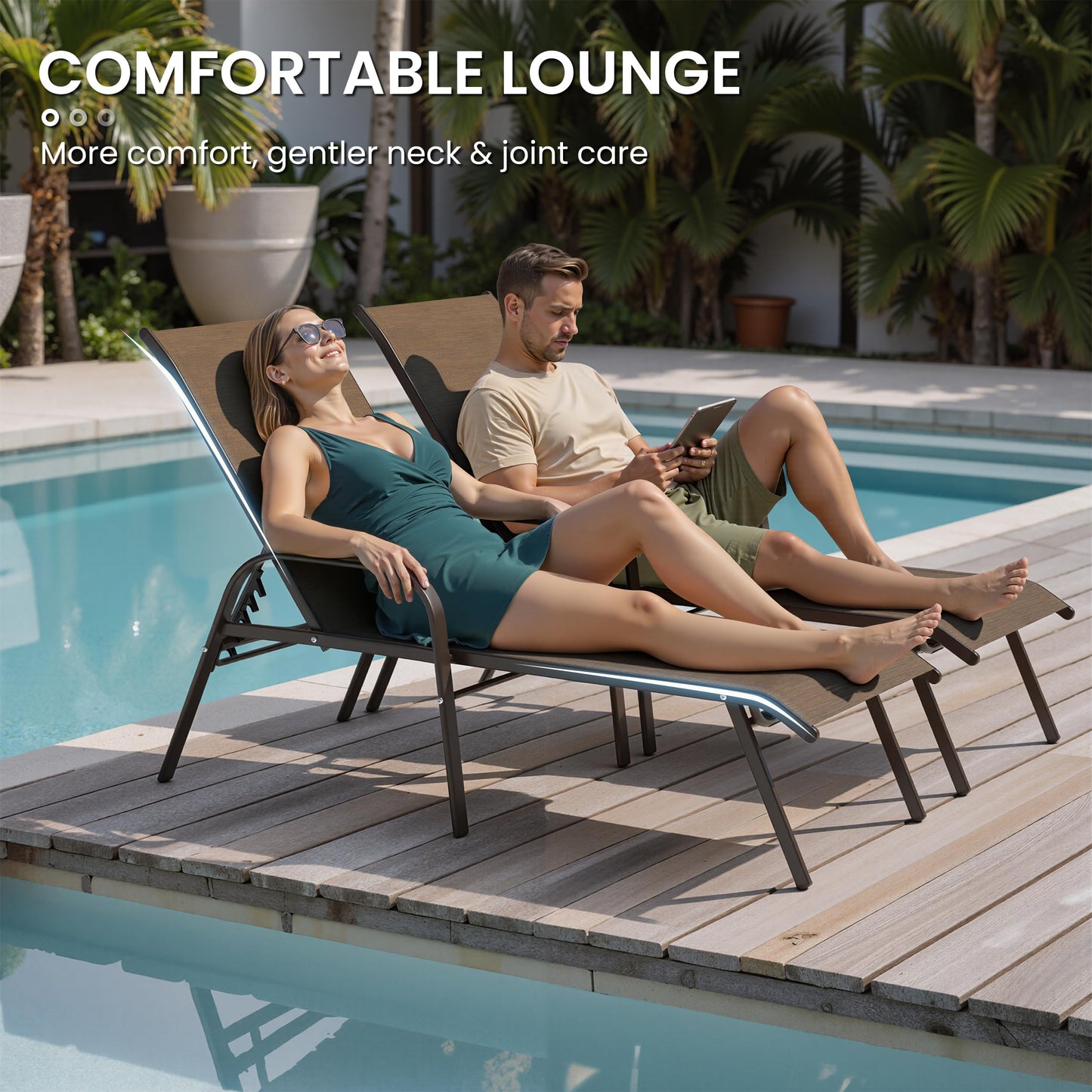 Crestlive Products Outdoor Chaise Lounge Chair, 5-Position Pool Lounge Chairs with Armrests Sunbathing Recliner for Patio, Beach, Deck, Yard (4PC Brown)