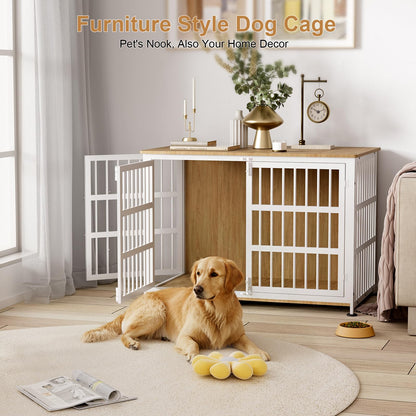 46" Dog Crate Furniture with Wheels, XXL Heavy Duty Dog Kennel Indoor for XL Dogs, Metal Chew-Proof Dog Cage, 45.9" L x 27.6" W x 32.4" H, Decorate House as TV Stand, End Table — Natural and White
