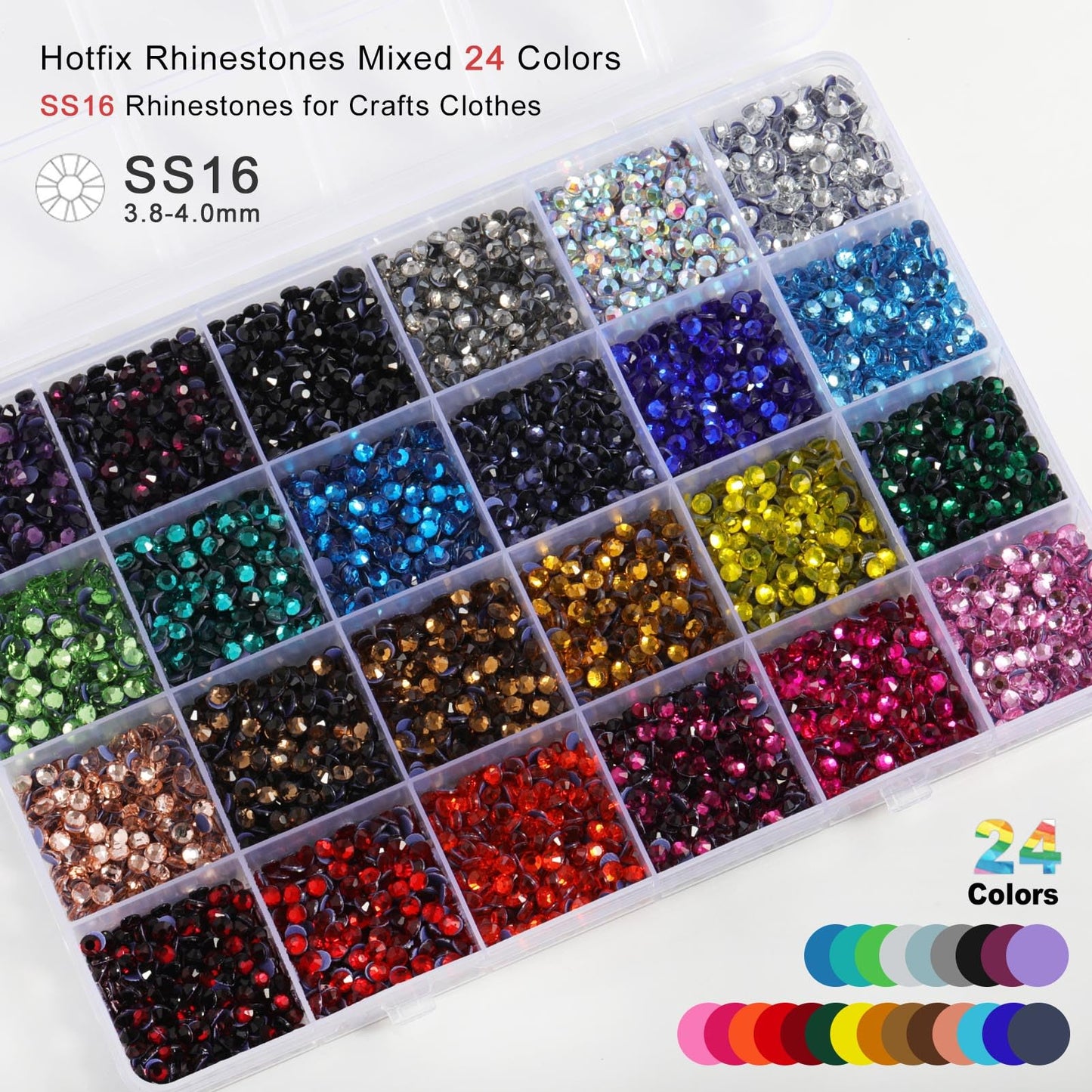 BEADSLAND Hotfix Rhinestones Mixed 24 Colors, SS16 Rhinestones for Crafts Clothes, Hotfix Crystals with 1 Tweezers, 1 Wax Pencil and 1 Spoon