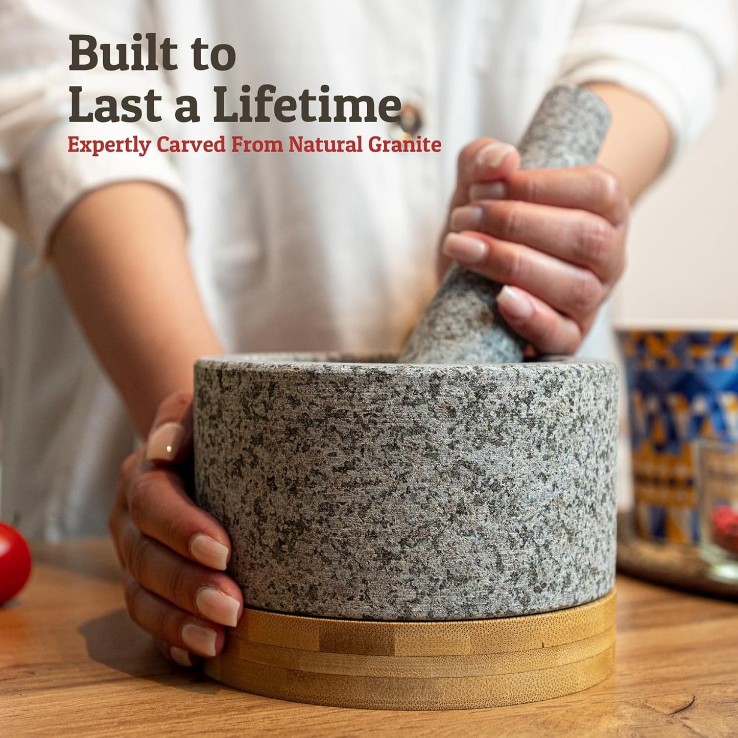 Heavy Duty Mortar and Pestle Set with Bamboo Base, Large 2 Cups Natural Granite Bowl for Guacamole and Masher