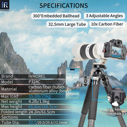 INNOREL P324C 65.6" Carbon Fiber Tripod for Hunting, 360° Rotating Ball Head(1.7"),with Arca Swiss Dovetail Mount,55lb/25kg Load, 32mm Tube Stable Tripod for Photography and Outdoors