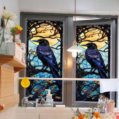 Window Privacy Film, Crow Stained Glass Window Film, Frosted Glass Cling, Heat Blocking Static Cling, 17.7"x39.5"