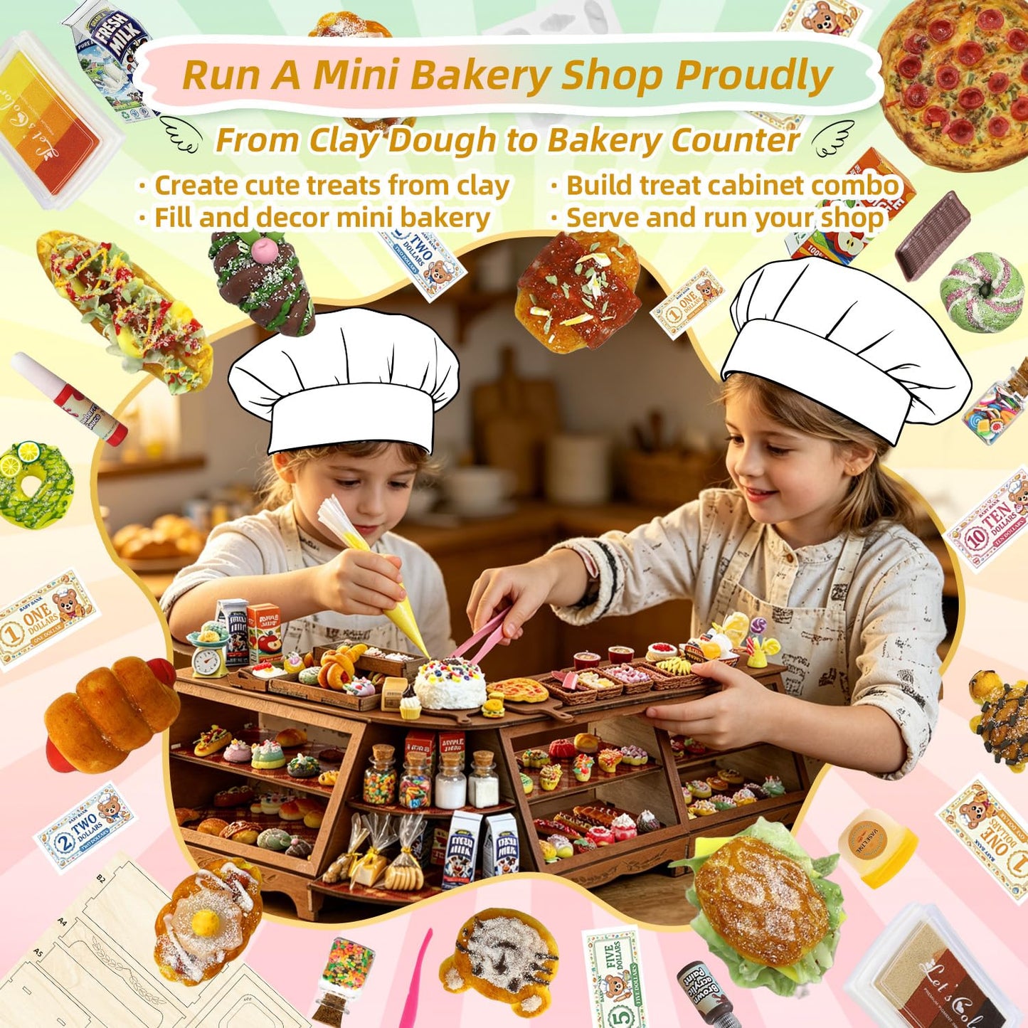 iLAND Fun Craft Kits for Kids Cute Clay Bakery Shop DIY Set, Creative Kids Toys Girls 6-8-10, 1:6 Scale Miniature Food Toys fit Doll Figure 9-12”, New Best Christmas Birthday Gift for Girls Age 7 9 11