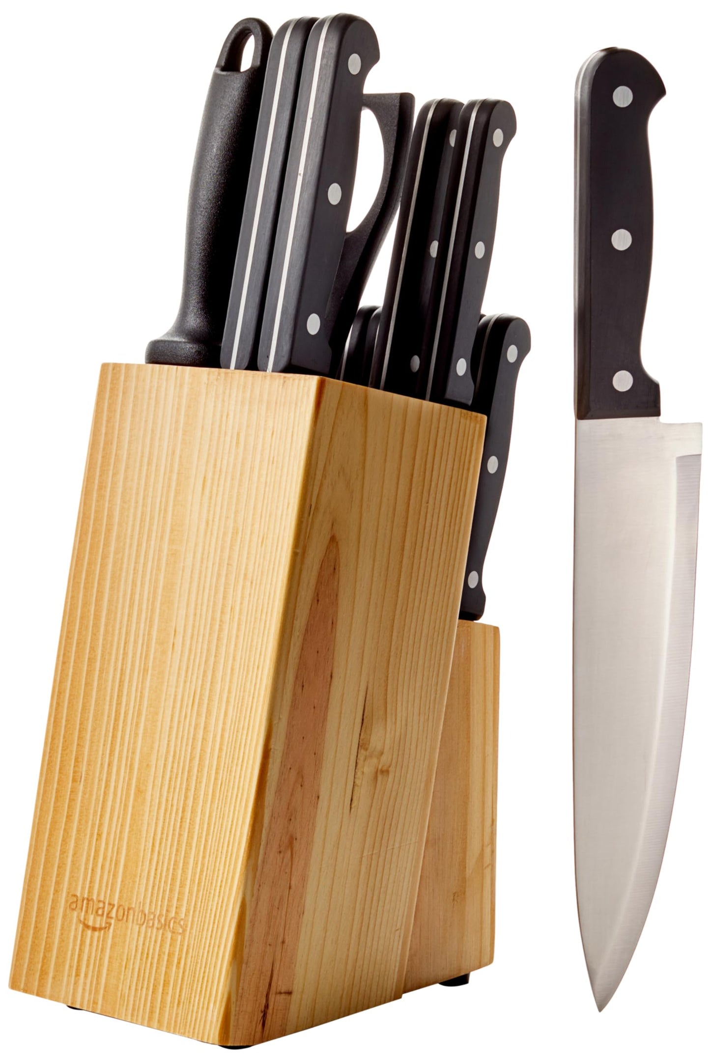 Amazon Basics 14-Piece High Carbon Stainless Steel Kitchen Knife Set with Full Tang Construction, Ergonomic Handles, Sharpener and Pinewood Block, Black
