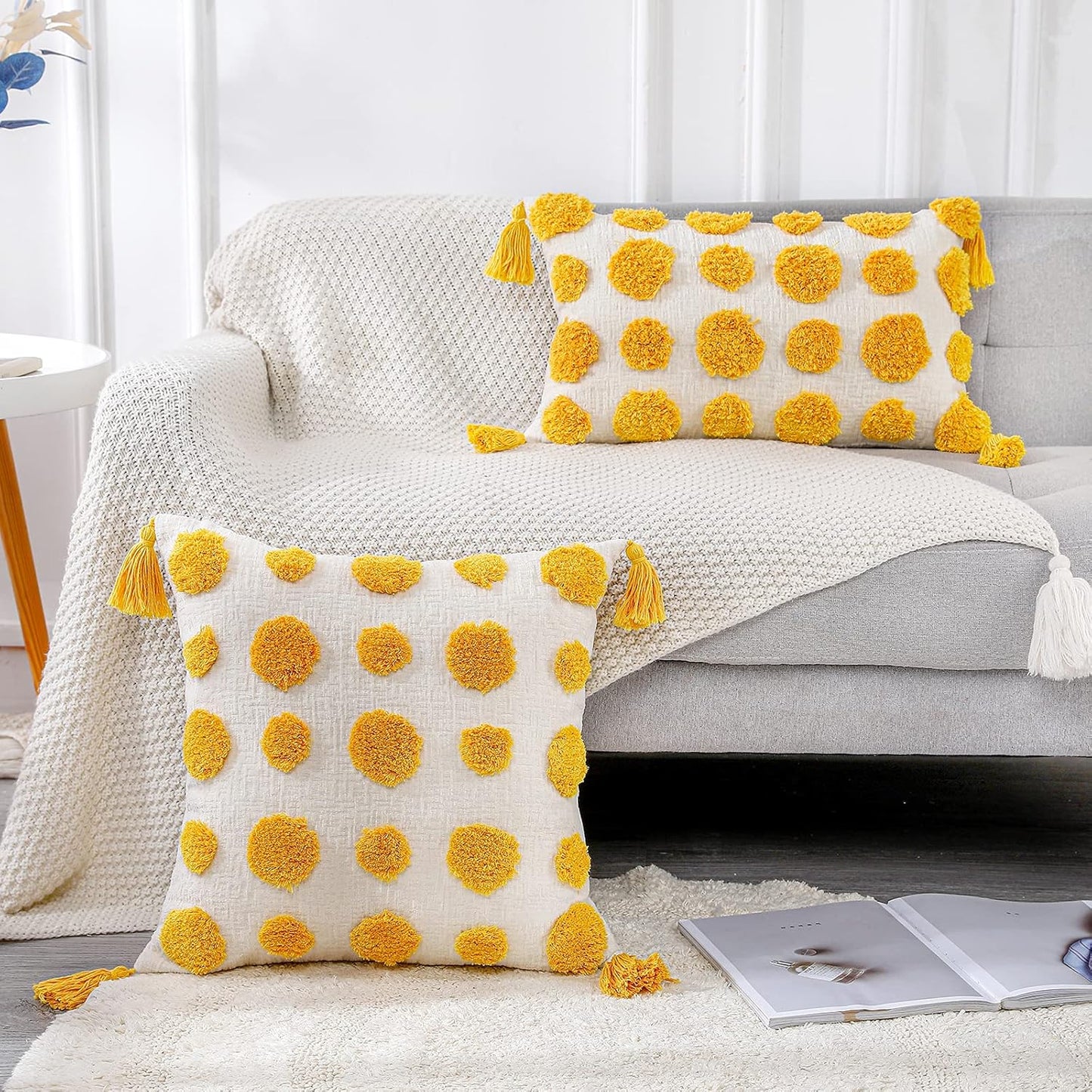 PANOD Super Soft Farmhouse Decorative Plush Throw Pillow Covers 12 x 20, Solid Pom Pom Tufted with Tassels (Yellow)