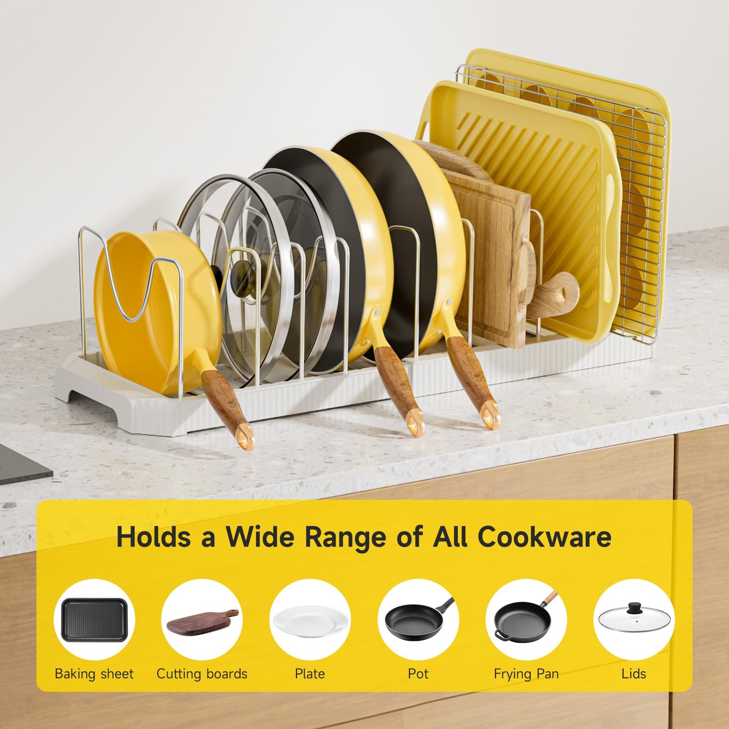 Mudeela Pot Lid Organizer Rack for Cabinet, Expandable Pots and Pans Organizer under Cabinet with 10 Adjustable Dividers, Pan Organizers Holder inside Cabinet for Plates, Cutting Boards, Baking Sheets