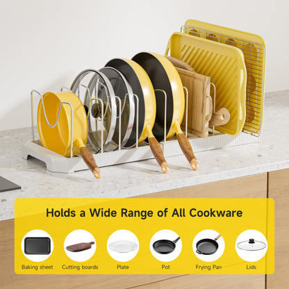 Mudeela Pot Lid Organizer Rack for Cabinet, Expandable Pots and Pans Organizer under Cabinet with 10 Adjustable Dividers, Pan Organizers Holder inside Cabinet for Plates, Cutting Boards, Baking Sheets