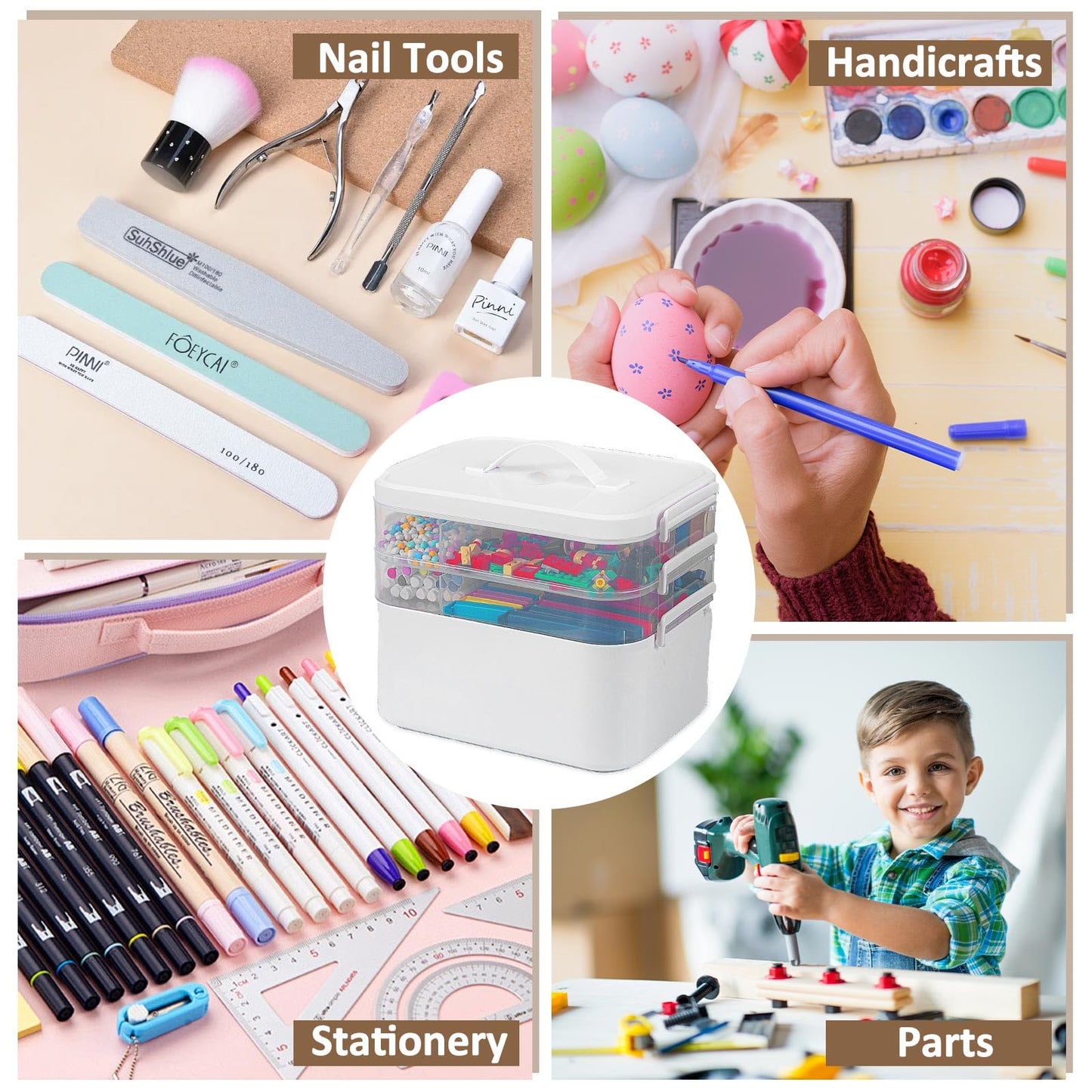 3-Layer Plastic Craft Organizers and Storage Box with Removable Trays, Storage Containers with lids and Handle, Art Supply Storage Organizer for Bead, Ornament, Nail Polish, Tape（10.62"x9"x7.67"）