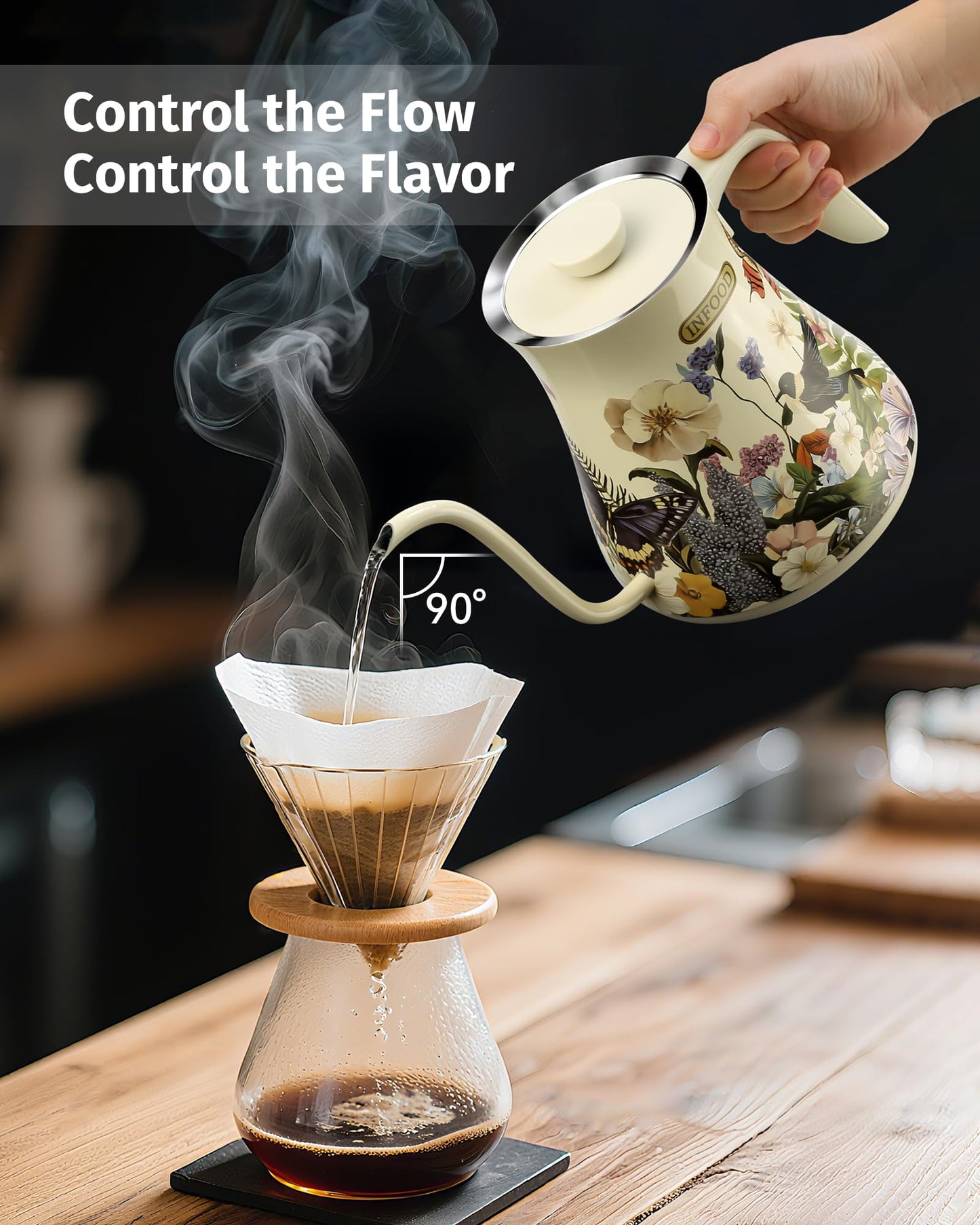 INFOOD 0.8L Gooseneck Electric Kettle, Precise Temperature Control for Pour Over Coffee & Tea, 1200W Fast Boiling Water, Auto Shut Off, Scheduling, Stainless Steel, Floral Painted Design