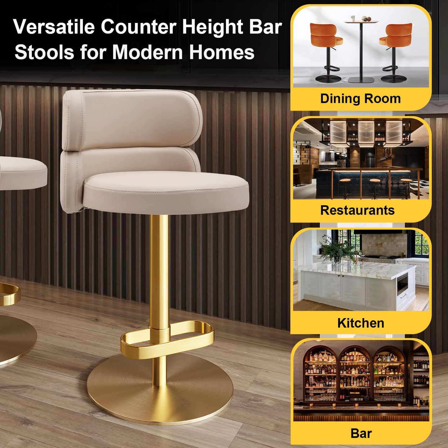 CAROCC Fireproof Leather Swivel Bar Stool Adjustable Airlift Counter Height Bar Stool Kitchen Dining Cafe Hydraulic Bar Chair with Padded Back，Gold Chromed Metal Base (1PCS Khaki)