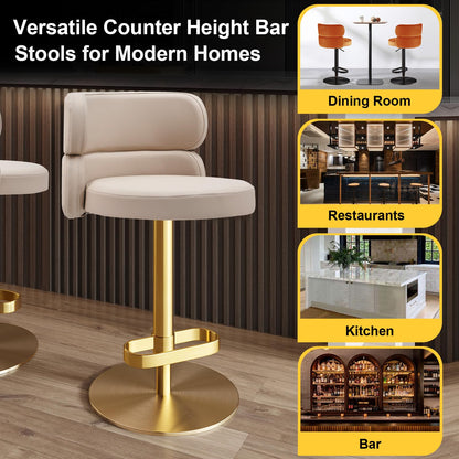 CAROCC Fireproof Leather Swivel Bar Stool Adjustable Airlift Counter Height Bar Stool Kitchen Dining Cafe Hydraulic Bar Chair with Padded Back，Gold Chromed Metal Base (1PCS Khaki)