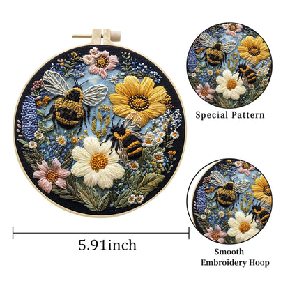 EOBTAIN 3 Pcs Bee Floral Embroidery Kit for Beginners,Yellow Flower Embroidery Kits for Adults, Wildflower Plant Embroidery Starter Kit with Pattern,Hoop,Thread,Needles,Hand DIY Craft Kits for Adults
