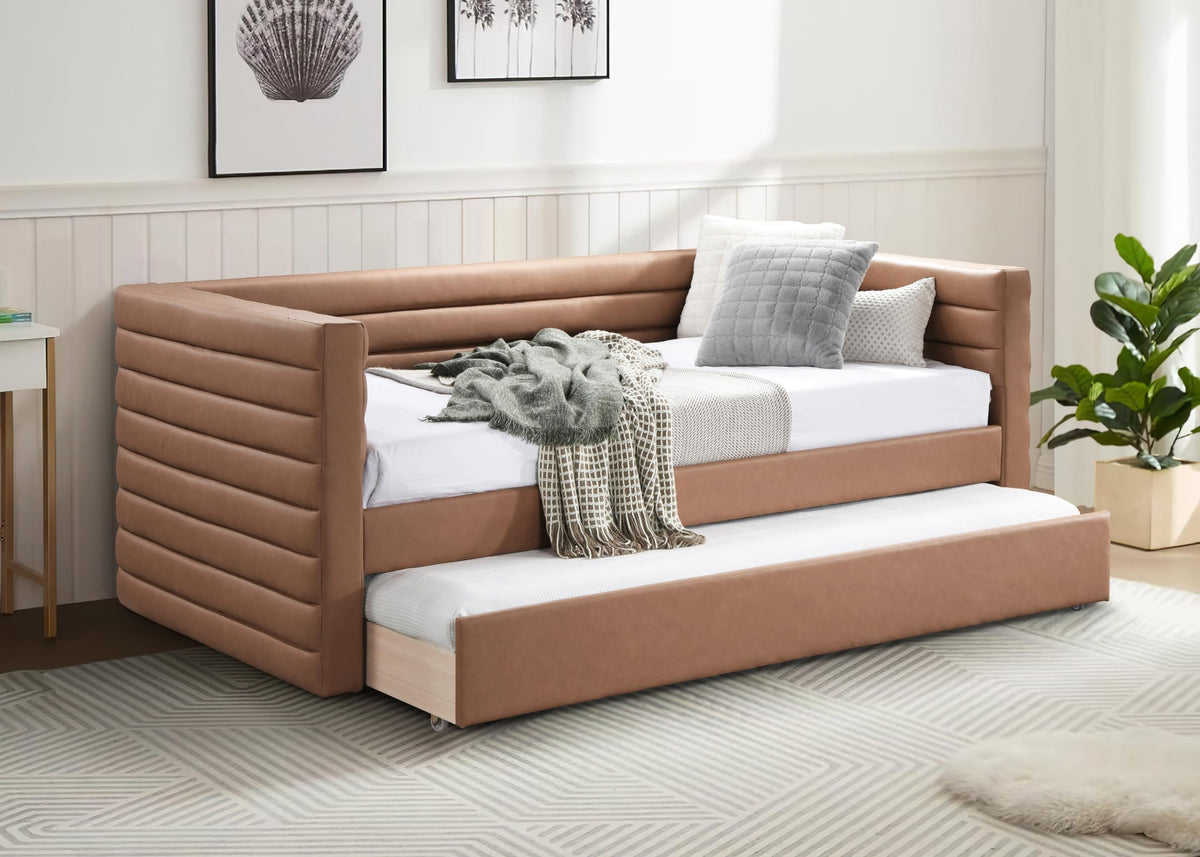 Meridian Furniture BeverlyCognac-T Beverly Collection Modern | Contemporary Twin Daybed with Soft Cognac Premium Vegan Leather, Deep Channel Tufting, Twin Trundle, 87" W x 43.5" D x 34" H, Cognac