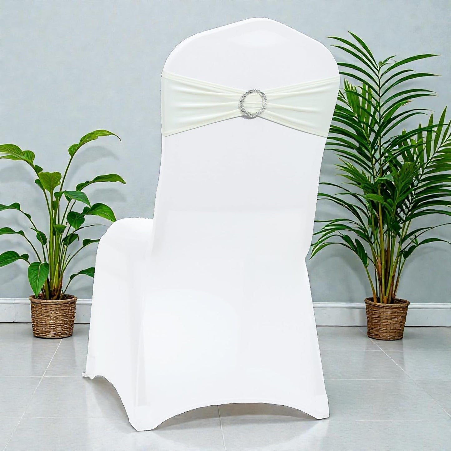 MDS Spandex Chair Sashes - Premium Stretch Covers with Buckle Slider | Universal Fit for Weddings & Events - Ivory, Pack of 75