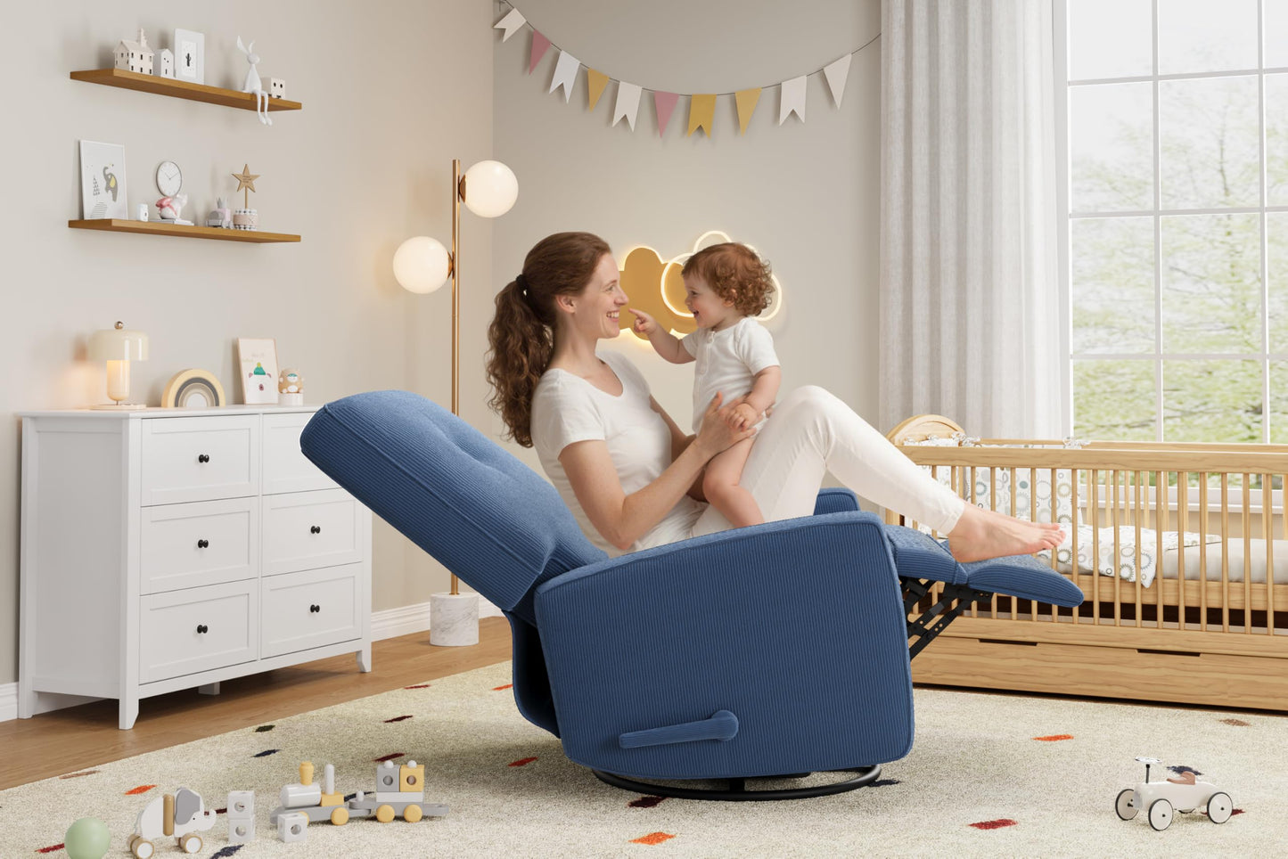 IDEALHOUSE Recliner Chair, 360° Swivel Rocking Glider Chair for Adults with Adjustable Backrest & Footrest, Cozy Corduroy Upholstered Armchair for Living Rooms, Bedrooms, Blue
