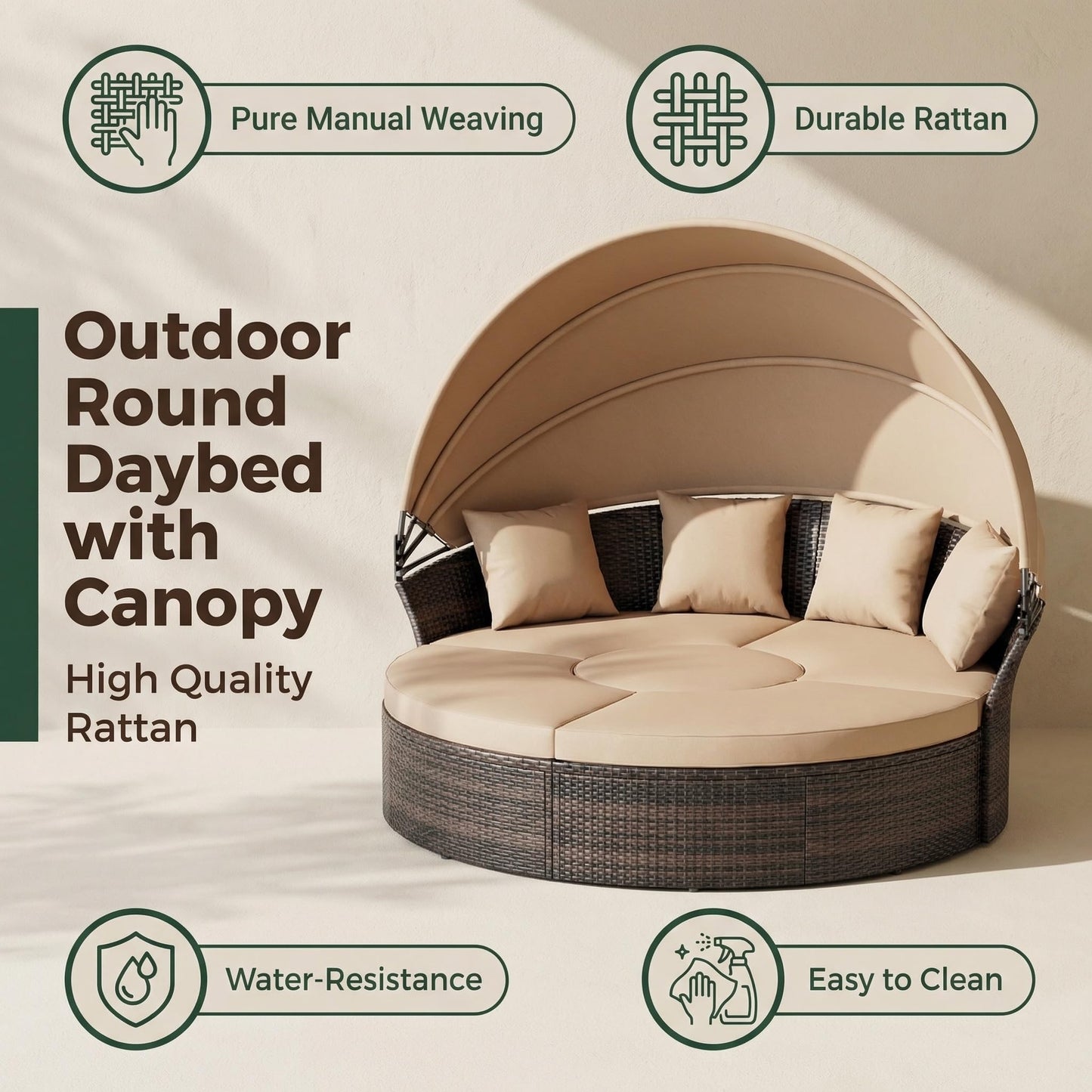 Oakmont Outdoor Patio Daybed with Retractable Canopy, Wicker Rattan Sectional Round Sofa Furniture Set, 5 Pieces Seating Separates Cushioned Seats for Lawn Garden Backyard Porch Pool, Brown