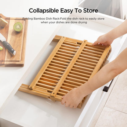 Oyydecor Bamboo Dish Drying Rack with Utensil Holder, 3 Tier Collapsible Dish Rack for Kitchen Counter, Large Folding Drying Holder, Dish Drainer, Kitchen Organizers and Storage