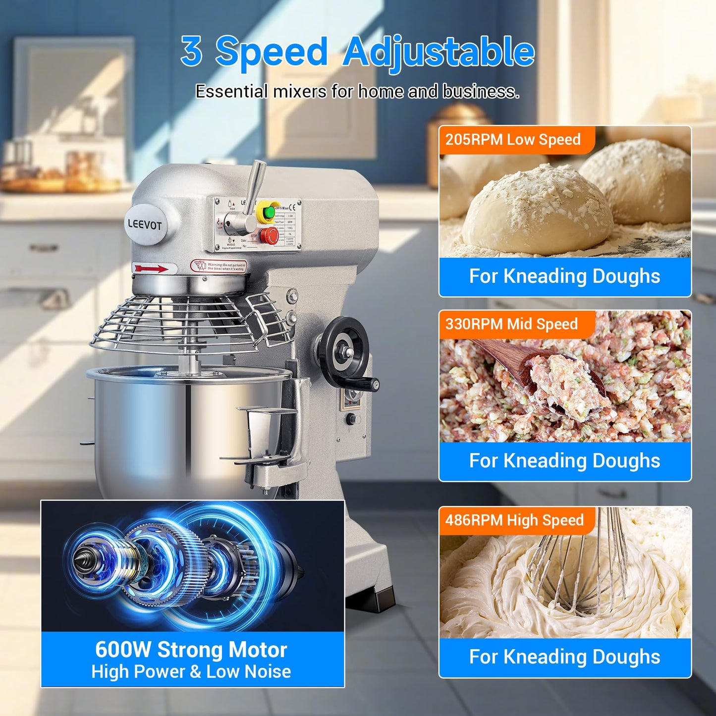 EKway 15Qt Commercial Food Mixer with Timing Function,600W Commercial stand mixer 3-Speed Adjustable,Electric Heavy Duty Dough Mixer with Stainless Steel Bowl for Bakery Pizzeria