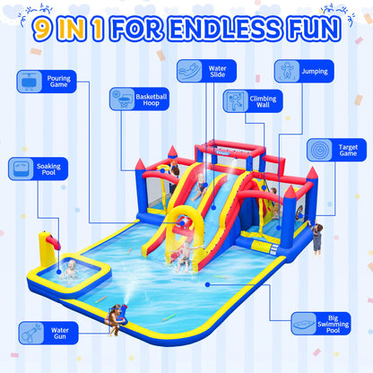 Easyair Large Inflatable Water Slide for Big Kids, Water Bounce House, Outdoor Blow Up Pool, Climbing Wall, Basketball Hoop with Blower