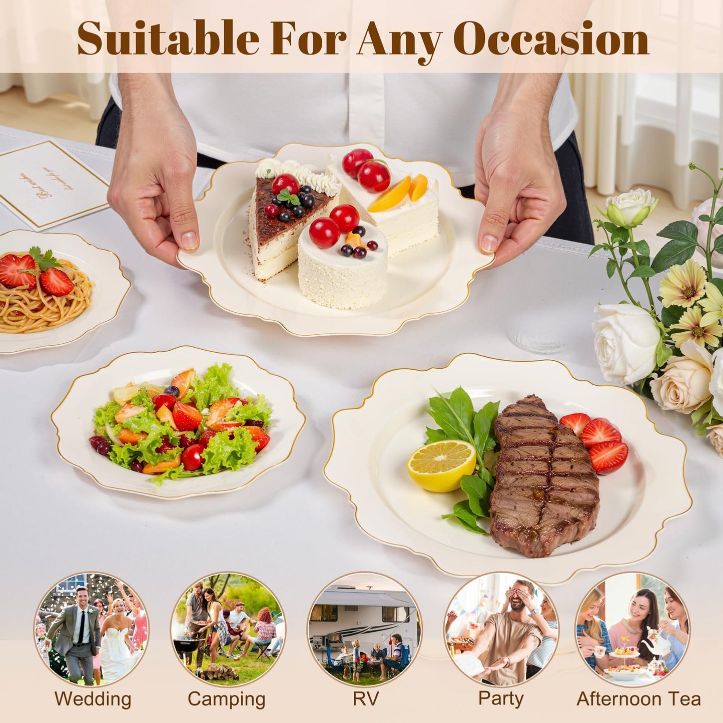 WDF 200PCS Ivory Plastic Plates with Gold Rim - Cream Plastic Plates - Include 100 Dinner & 100 Dessert Fancy Disposable Plate for Party - Heavy Duty Plate for Wedding/Baby Shower/Spring/Mother's Day