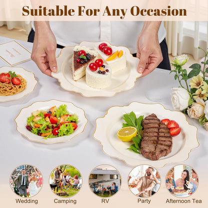 WDF 200PCS Ivory Plastic Plates with Gold Rim - Cream Plastic Plates - Include 100 Dinner & 100 Dessert Fancy Disposable Plate for Party - Heavy Duty Plate for Wedding/Baby Shower/Spring/Mother's Day