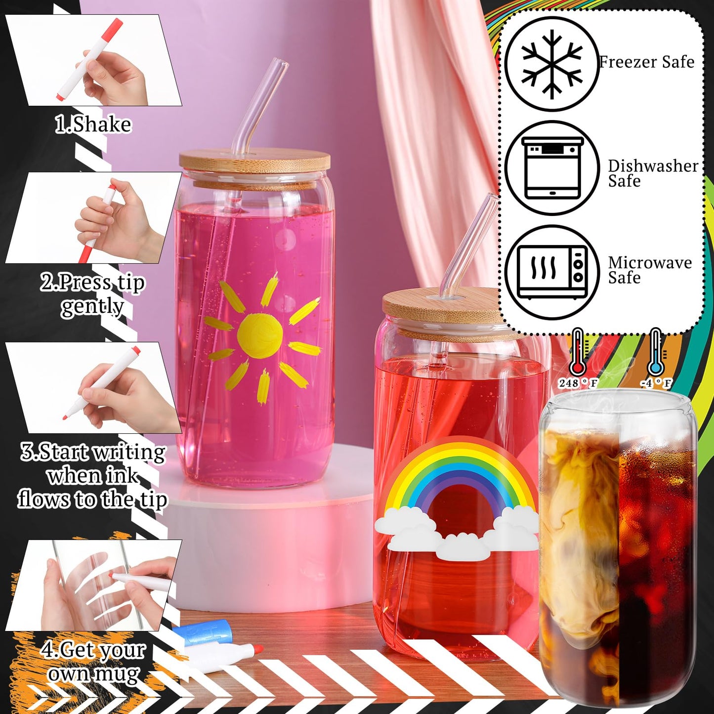 Pickmesh 8 Set Glass Painting Kit for Valentines Day Gifts Adult 16 oz Glass Tumbler with Lids and Straws 12 Markers 12 Colors Acrylic Pain with Brushes to Design Your Own Wine Glasses Gifts