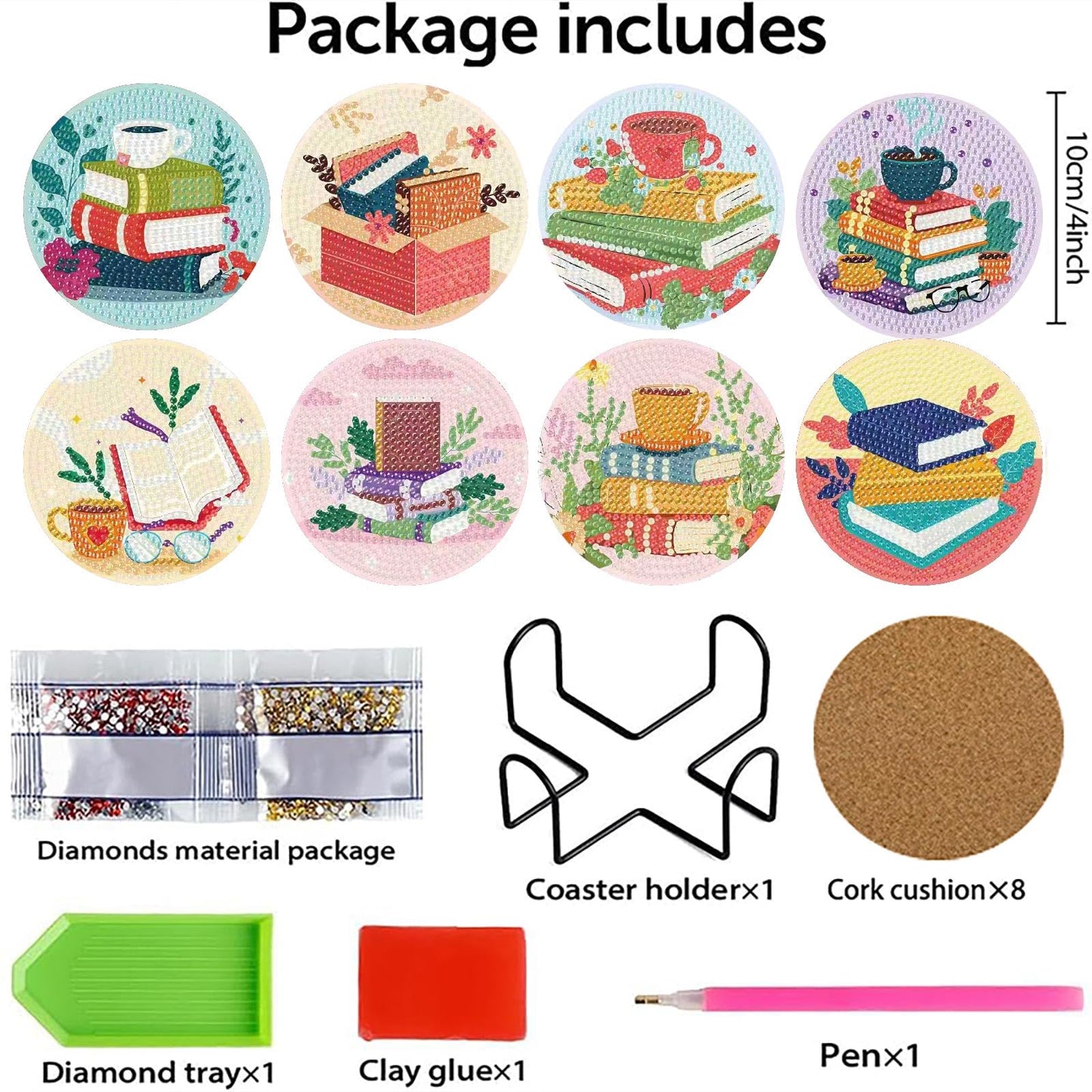 8 Pcs Book Diamond Art Coasters Kit - DIY 5D Diamond Painting Coasters with Holder, Mini Diamonds Arts Kits for Adults Coaster with Cork Pads, Gem Arts Dots Painting Crafts Supplies for Home Decor