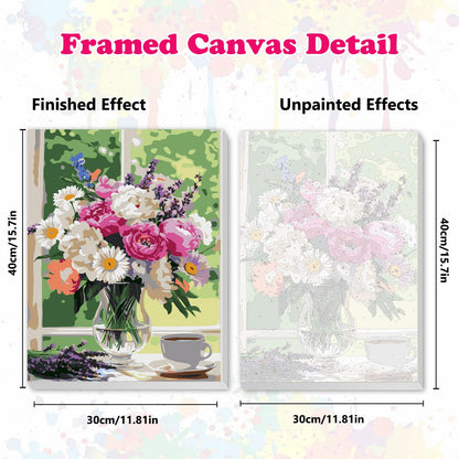 MEIYUDA Flowers Framed Paint by Numbers Adult Kit, DIY Flowers Vase Paint by Numbers with Frame, DIY Oil Painting by Number Kits for Home Wall Decor and Presents 12x16In
