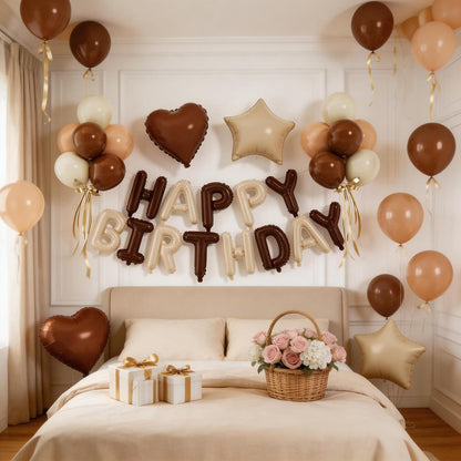 29PC Cream Brown Happy Birthday Balloon Banner, 16Inch 3D Aluminum Letter Banner Sign, Brown Apricot Dusty Ivory White Balloon 18 Inch Star Heart Foil Balloon for Women, Men Party Supply