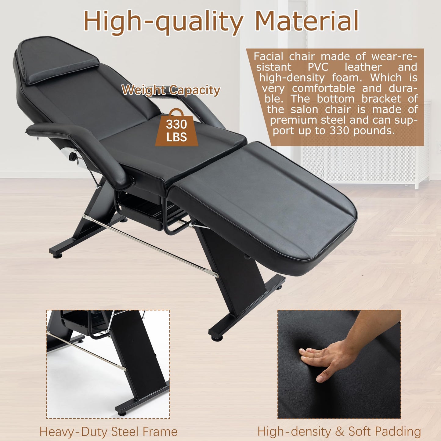 VroomAuto Professional 3-Section Hydraulic Facial Bed & Massage Chair with Stool, Adjustable Esthetician Table for Spa, Tattoo, Beauty Salon, Black