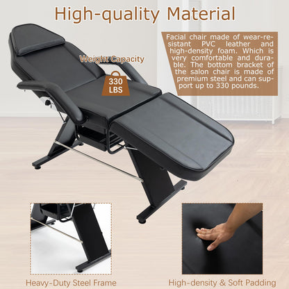 VroomAuto Professional 3-Section Hydraulic Facial Bed & Massage Chair with Stool, Adjustable Esthetician Table for Spa, Tattoo, Beauty Salon, Black