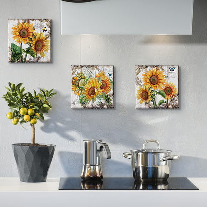 Sunflower Wall Art Bathroom Decor - Rustic Kitchen Yellow Flower Canvas Prints, 12x12" 4Pcs