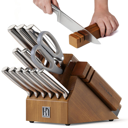 KnifeSaga Kitchen Knife Set with Block and Detachable 2-Stage Sharpener | 14-Piece Premium High Carbon Stainless Steel Knives with Ergonomic Anti-Slip Handle, Rubberwood Knife Block
