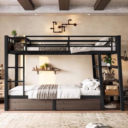 Bellemave Twin Size Bunk Bed with Storage Drawers and 3-Tier Shelves, Twin Bunk Bed with Charging Station and Lights, Heavy Duty Metal Bunk Beds for Teen, Adults