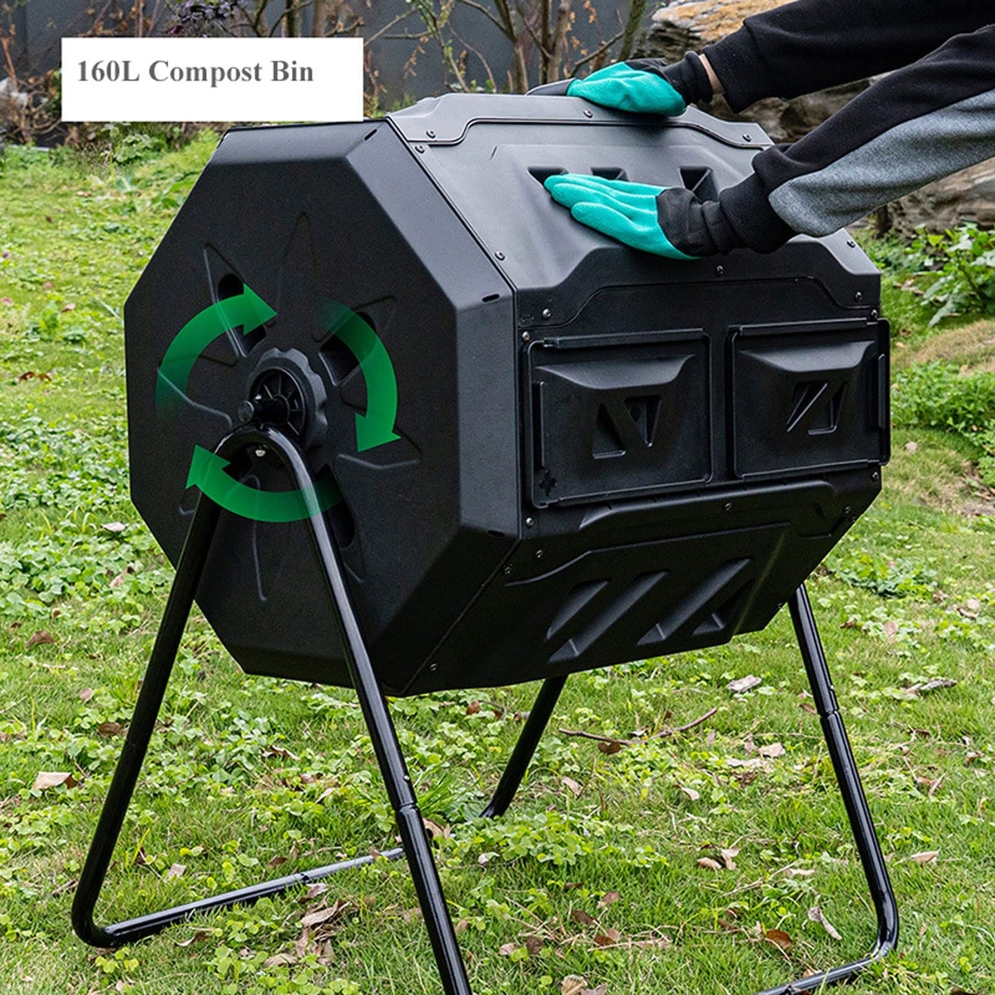 LICONG-2019 Kitchen Compost Bin, Outdoor Dual Chamber Tumbling Composter, Outdoor Rotating Compost Tumbler Bin for Garden, Kitchen, and Yard Waste, 160L/42Gallon,Indoor Compost Bin with Lid