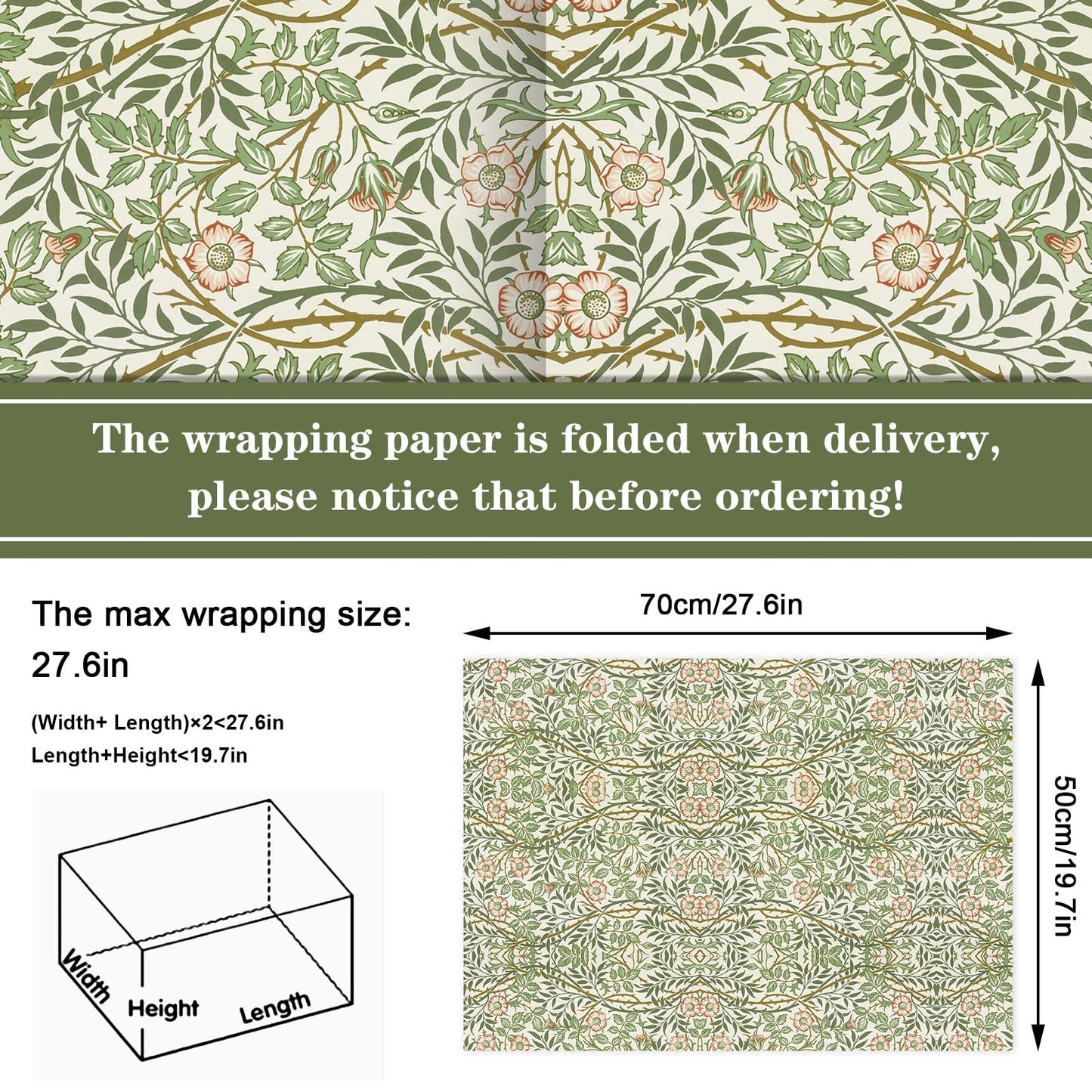 JarThenaAMCS 12 Sheets William Morris Wrapping Paper -Not Roll- Retro Floral Greenery Gift Wrap Paper Folded Flat Art Sheet for DIY Crafts Wedding Baby Shower Birthday, 19.7 x 27.6 Inch