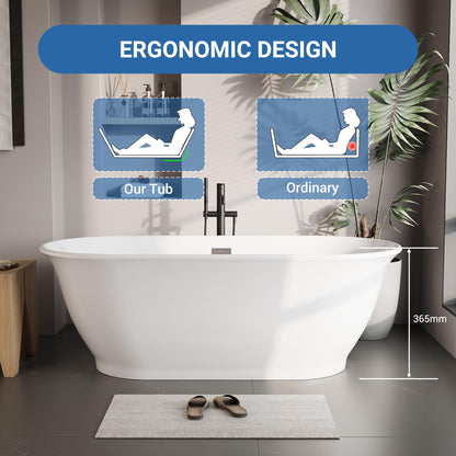 59 inch Acrylic Oval Rim Freestanding Bathtub, Full White, Comfort Soaking Tub for Home Spa & Muscle Recovery, Pop-Up Chrome Drain, Free Standing Bathtub for Bathroom
